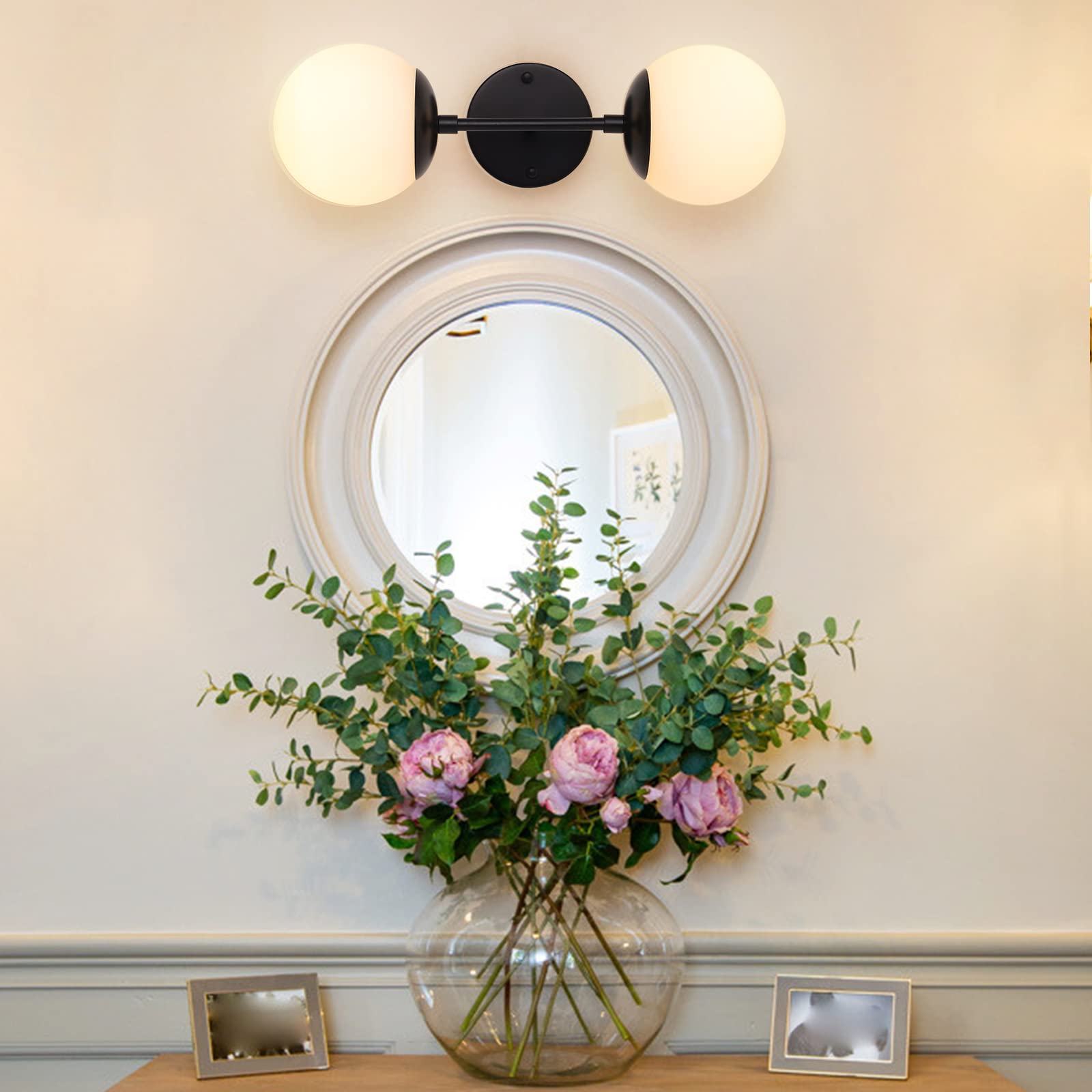Photo 1 of Ynzefly Double Wall Sconce Black Bathroom Light Fixtures, 2 Light Bathroom Vanity Lights, Mid Century Globe Modern Lighting, White Ball Sconces for Bedroom (Exclude Bulb)