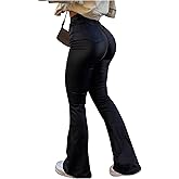 WDIRARA Women's Faux Leather Flare Pants High Waisted Stretchy Bootcut Trousers