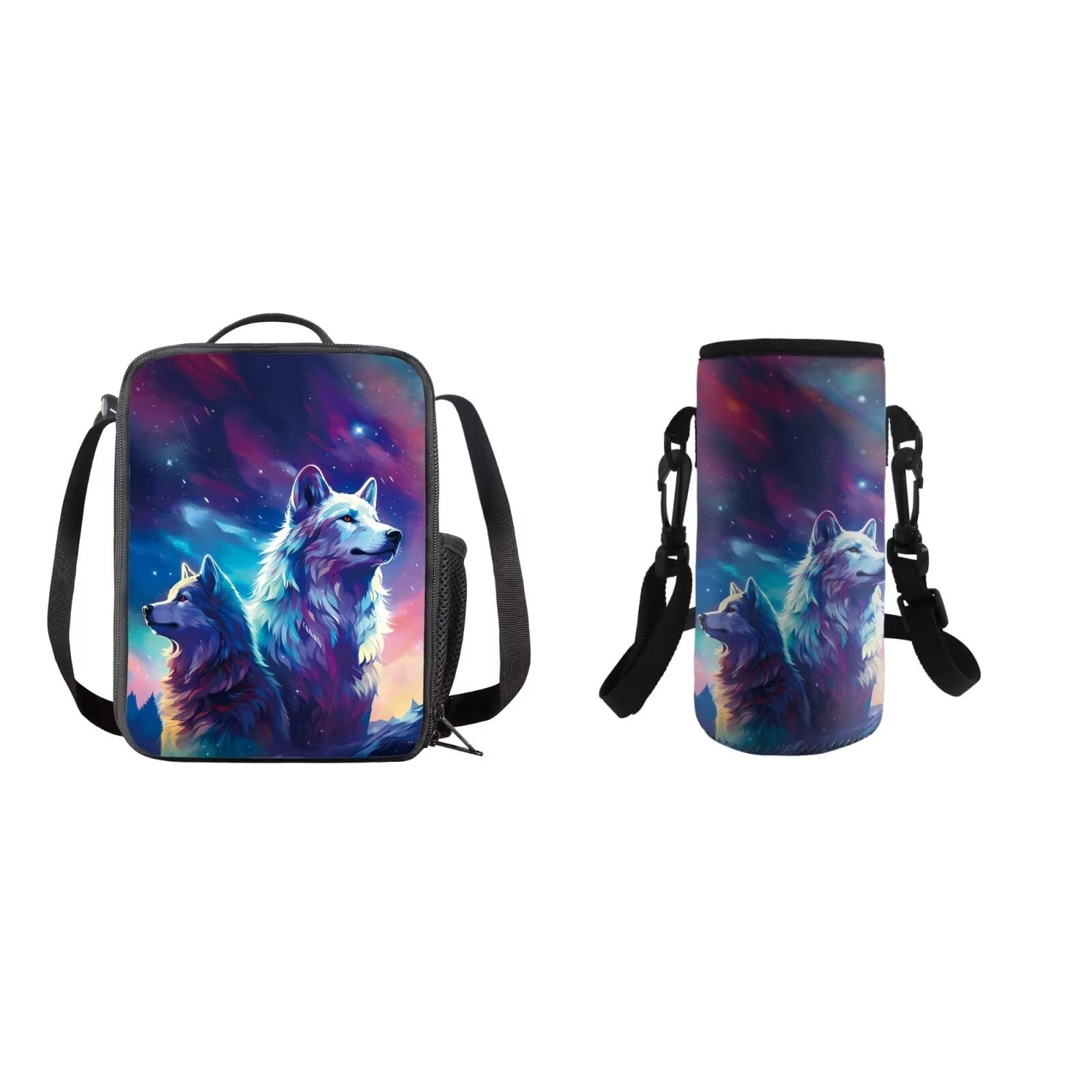 COEQINE Teens Boys Wolf Lunch Bag Cool Animal Galaxy Wolf Lunch Box Insulation Water Bottle Holder with Strap Handles Portable Pinic Bag for Travel