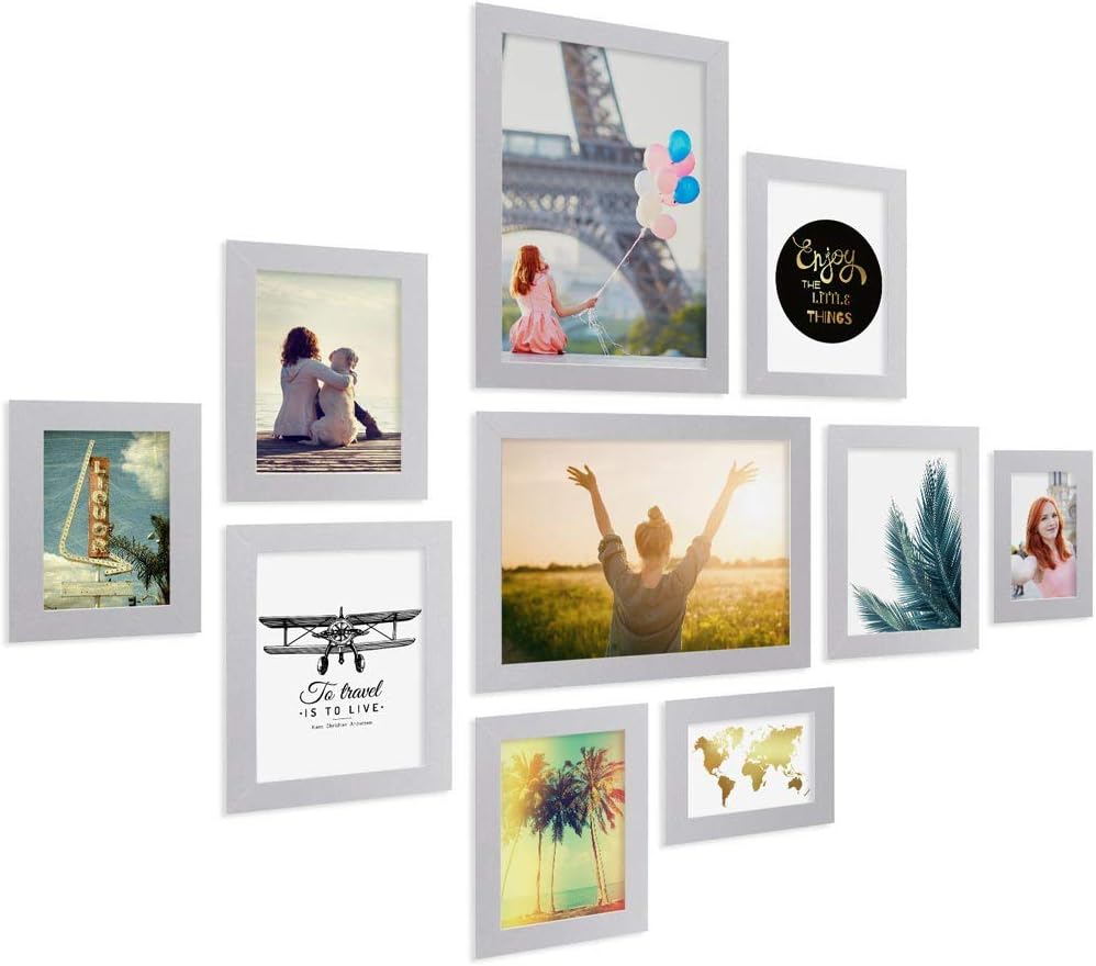 Photo Frame Set Modern Silver 10-Pack Multi Picture Photo Frames Wall Basic Collection made from MDF including Accessories/Photo Collage/Photo Gallery
