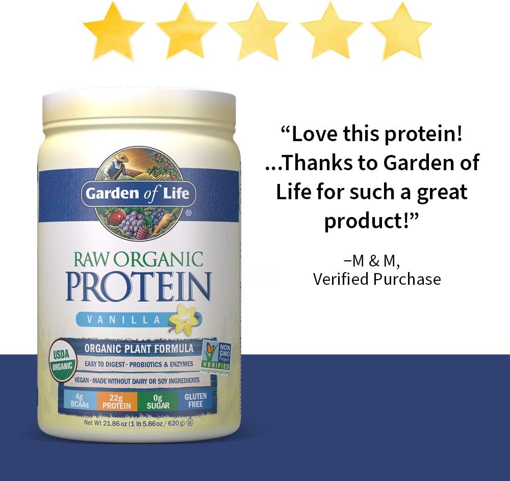Garden of Life Raw Organic Protein Vanilla Powder, 20 Servings: Certified Vegan, Gluten Free, Organic, Non-GMO, Plant Based Sugar Free Protein Shake With Probiotics & Enzymes, 4g BCAAs, 22g Protein: Health & Personal Care