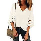 Utyful Dressy Tops for Women Women's Summer Casual V Neck Mesh Panel 3/4 Bell Sleeve Loose Blouse Top