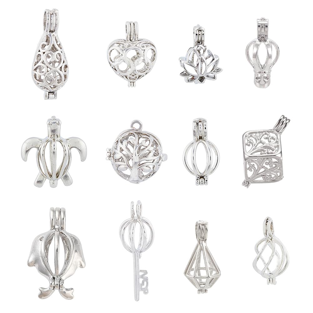 HOBBIESAY 12Pcs 12 Styles Brass Bead Cage Pendants Open Hollow Cage Charms Hollow Filigree Cage Charms Chime Ball Pendants Sea Turtle Charm for DIY Necklaces Jewelry Making Supplies-Platinum