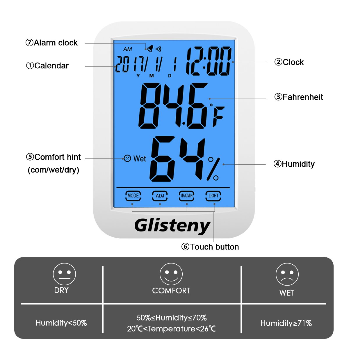 Thermomètre Hygromètre Intérieur,GLISTENYThermomètre Interieur Numérique à écran LCD Tactile,Moniteur de Température et d\'humidité avec horlogie calendrier