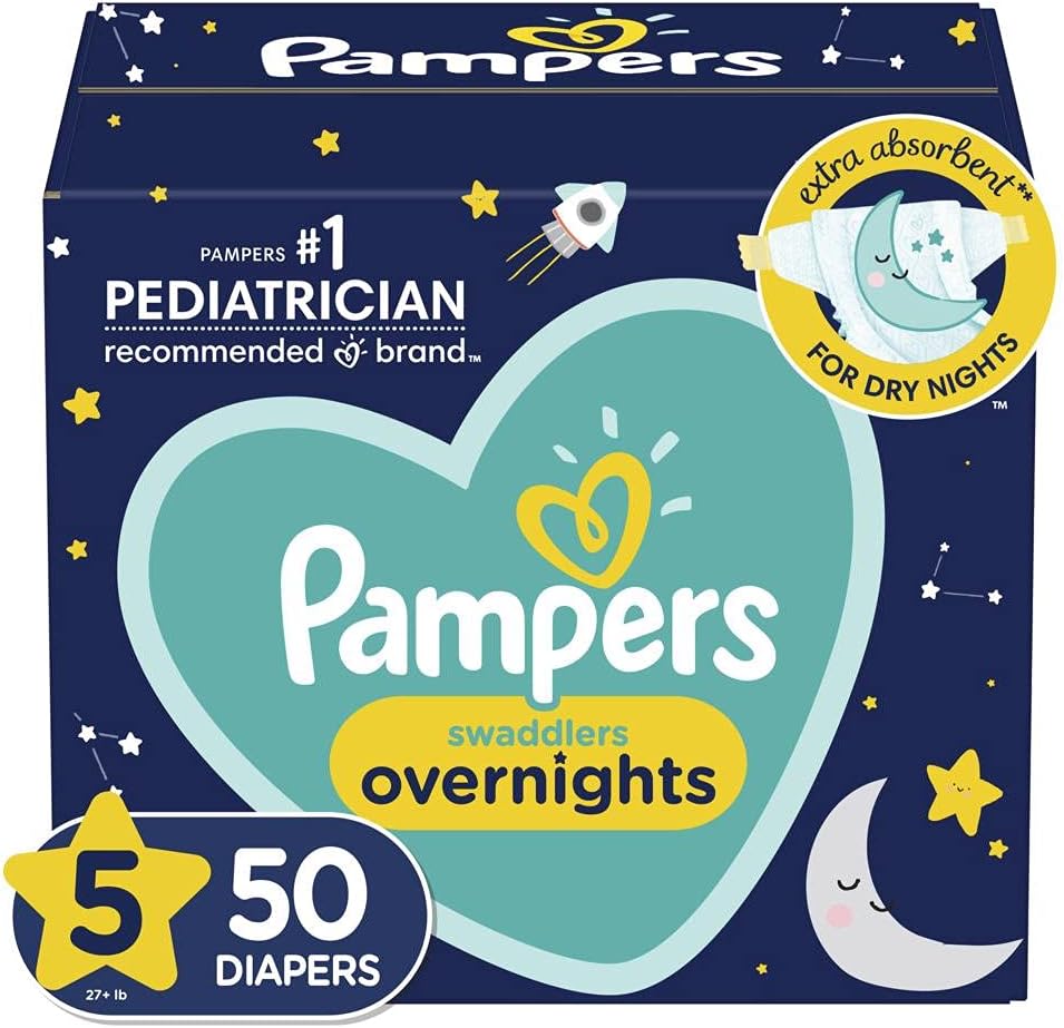 Pampers Diapers Size 5, 50 Count - Swaddlers Overnights Disposable Baby Diapers, Super Pack (Packaging May Vary): Health & Personal Care