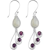 DEVMUKTI Natural Moonstone & Amethyst Gemstones Earrings, 925 Sterling Silver, Handmade Earrings, Birthstone, Crystals Dangle Jewelry, Bridal Minimalist Earrings for Women