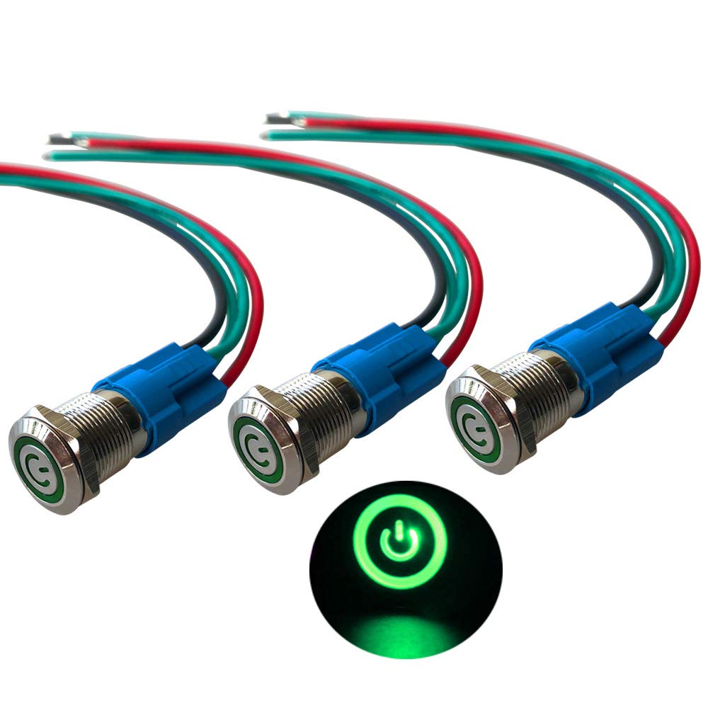 QitinDasen 3Pcs Premium 12mm Self-Locking Latching Push Button Switch, 12V / 24V 3A Car Ignition Starter Switch, Green LED Light Stainless Steel IP66 Waterproof Switch with Socket Plug Wire