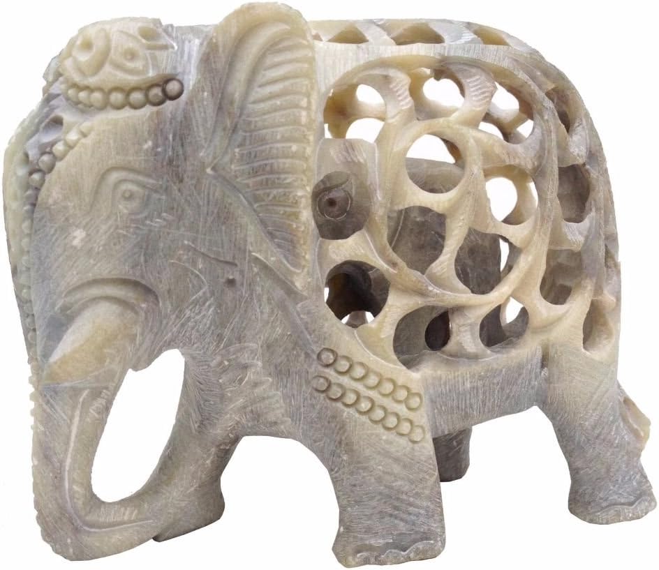 Benzara BM102593 Handmade Soapstone Elephant Figurine With Baby Elephant Inside, White