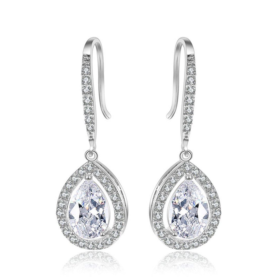QUKE Water Drop Dangle Drop Earrings AAA Cubic Zirconia Crystal Fish Hook Piercing Earrings for Women Bride Silver Tone