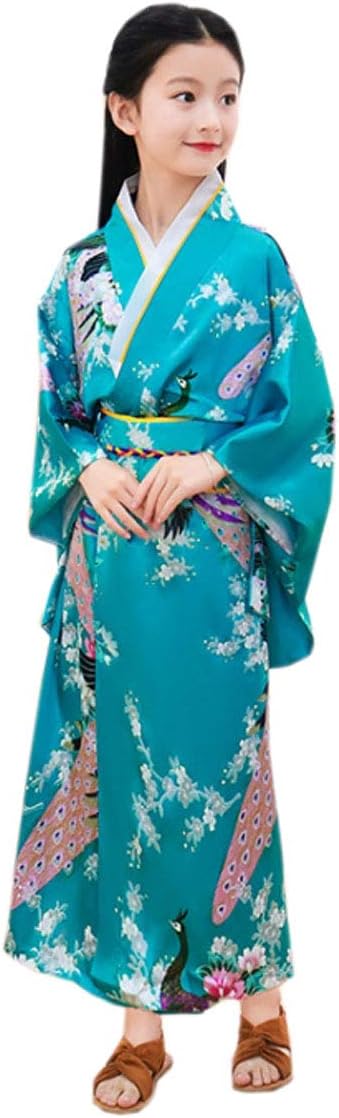 Kids Girl Silk Yukata Japanese Traditional Costume Kimono Robe Dress