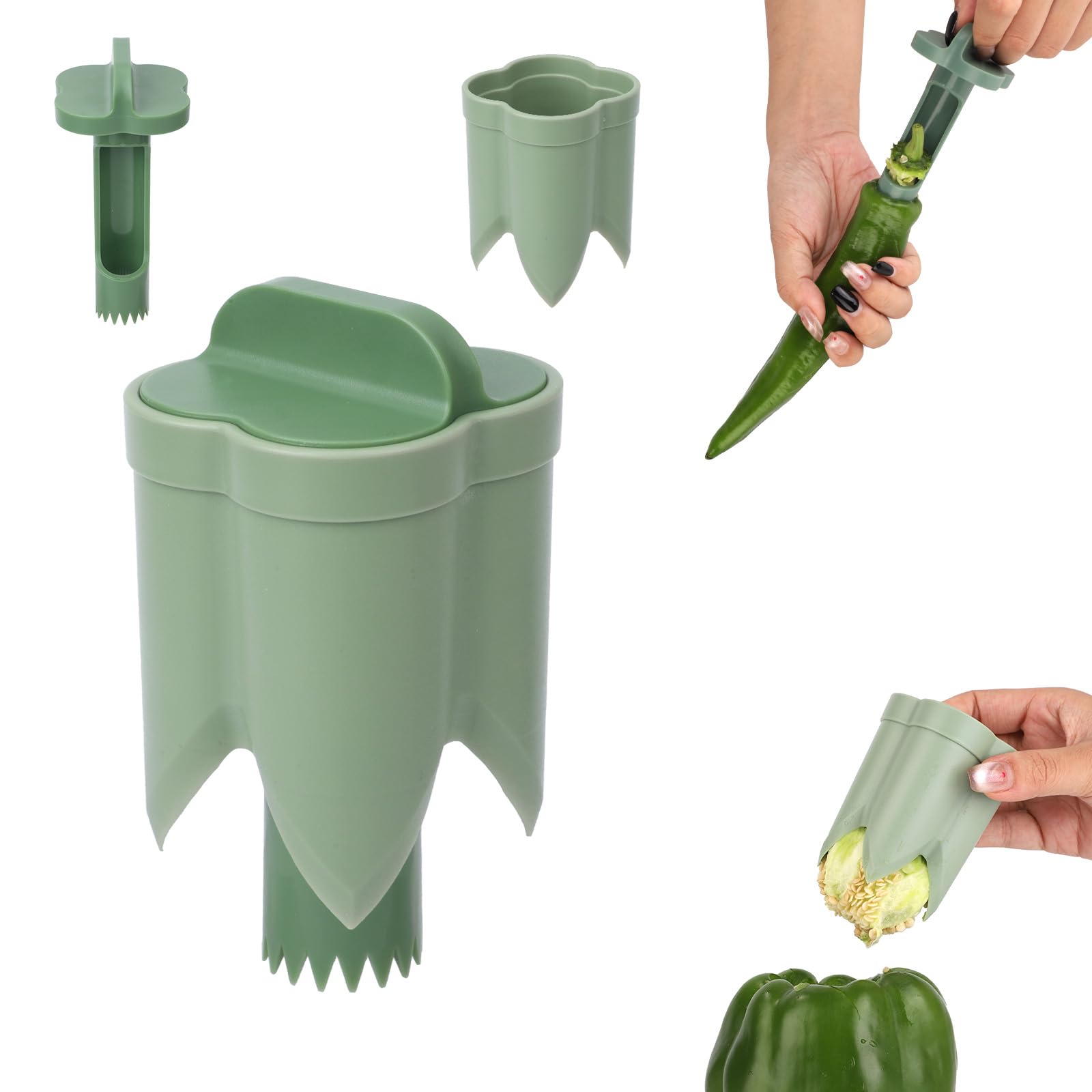 Photo 1 of 2 in 1 Pepper Corer, Bell Pepper Cutter 2 in 1 Fruit Pepper Corer Pepper Remover Seed Pepper Corer And Deseeder Slicer for Kitchen Home Family Camping(Green)