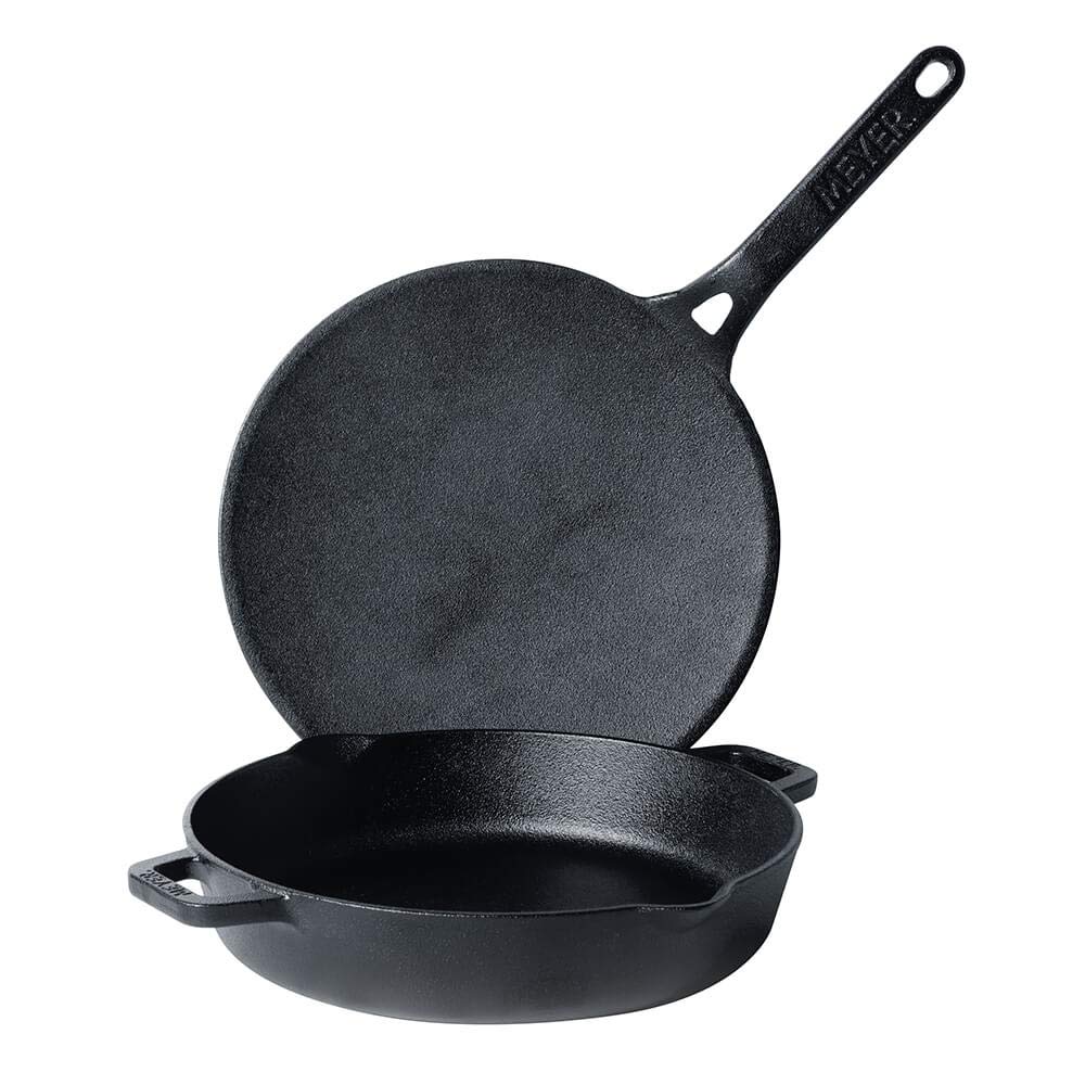 Meyer Pre-Seasoned Cast Iron Tawa 2 Piece Cookware Set - 26cm Roti Tawa + 24cm Skillet | Cast Iron Utensils for Cooking | Cast Iron Cookware Combo Offer for Kitchen | Iron Pan, Black