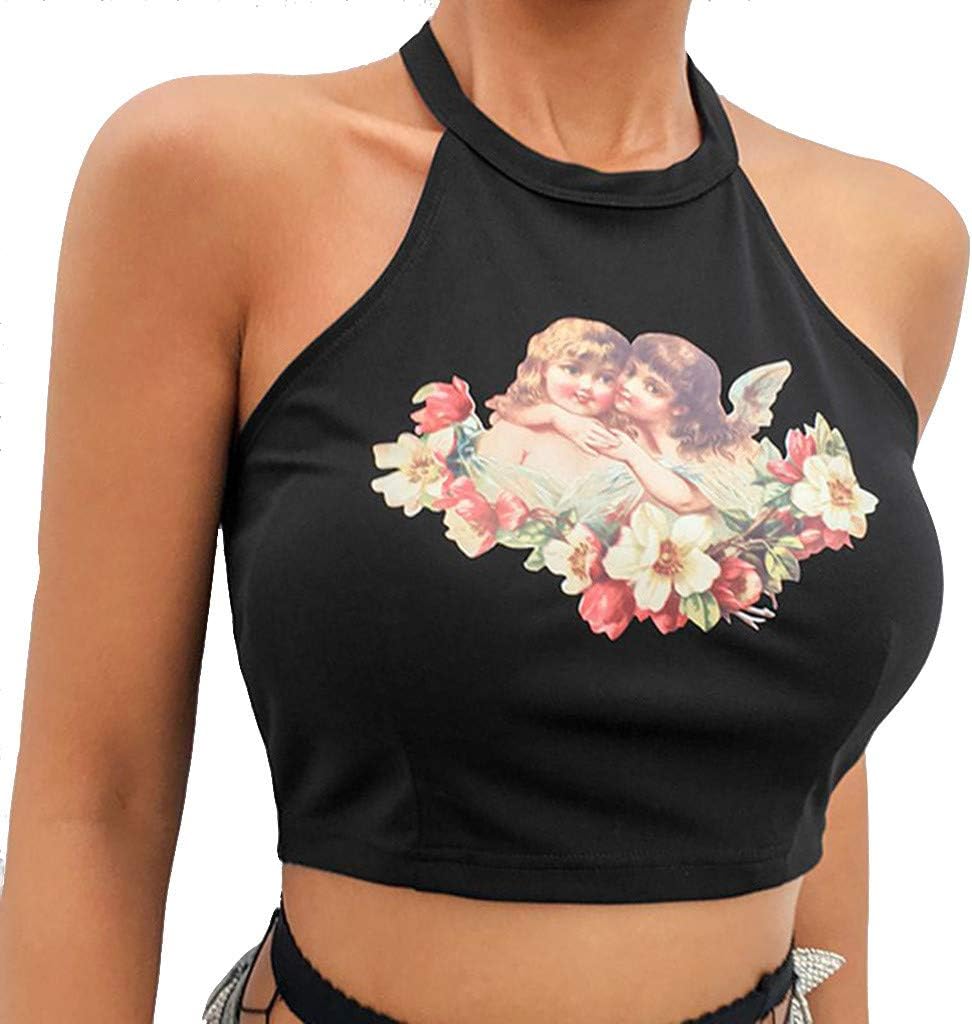Womens Sexy Sleeveless Crop Top,Halter Round Neck Angel Print Vest Tank Backless Tee T-Shirt Fashion Style for Ladies