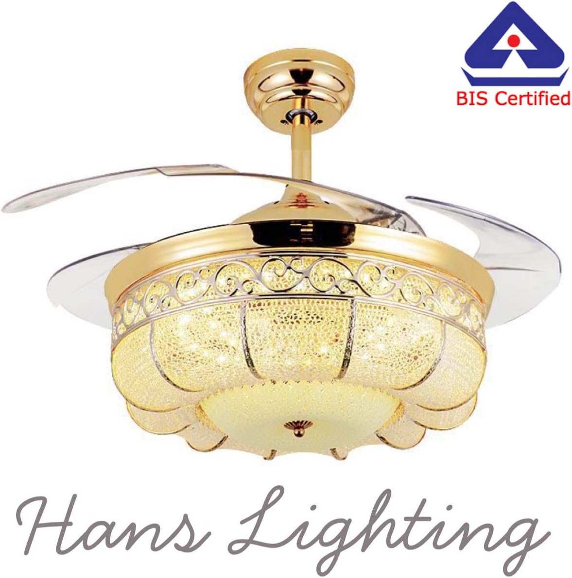 Hans Lighting Chandelier Retractable , Invisible Metal Blades Ceiling Fan with Remote and LED Light, 42-inch, Golden