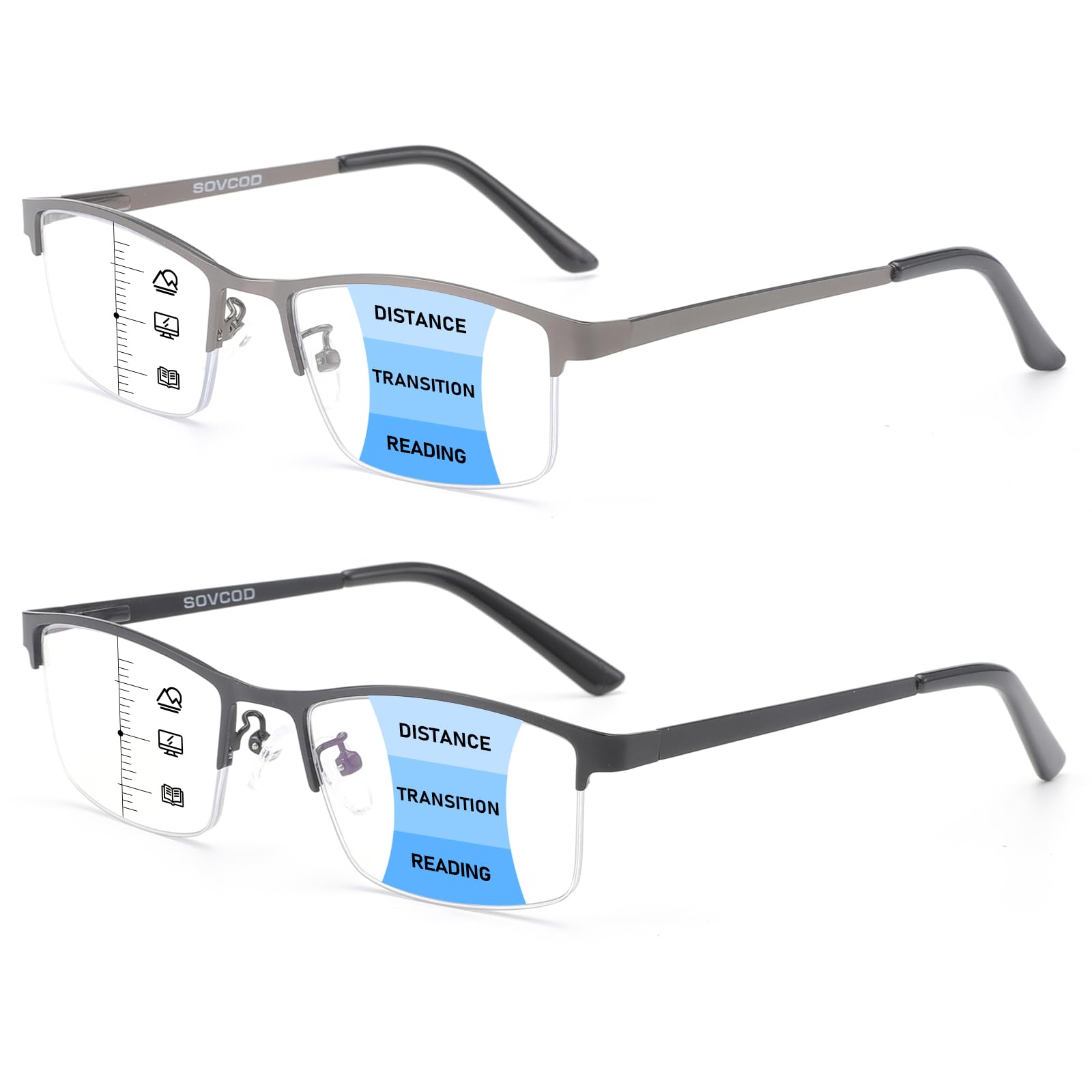 SOVCOD 2 Pack Progressive Multifocus Reading Glasses Men Blue Light Blocking Reader Metal Half Frame Eyeglasses (Black & Gun, 1.25, x)