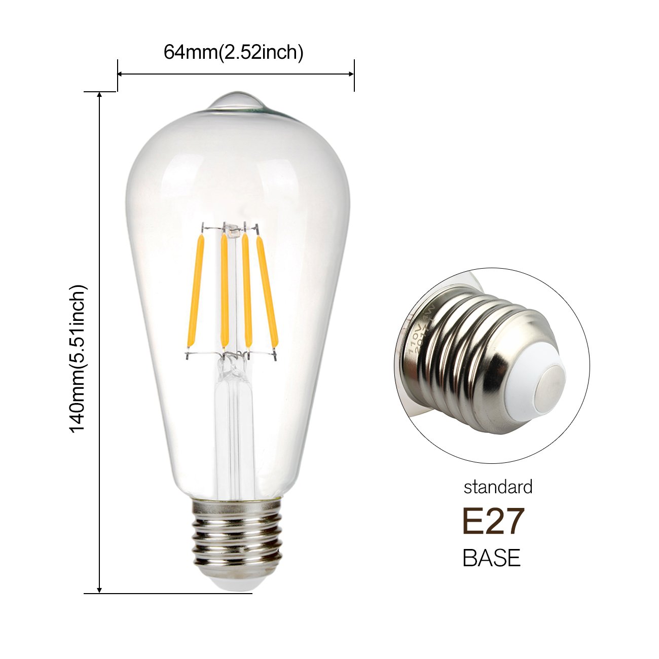 B2ocled 4W(30W Equivalent) LED Edison Bulb ST64 Style Vintage Filament Light Bulbs, Warm White 2700K, E26 E27 Medium Base Lamp for Pendant Light, Wall Lamp(6 Pack)