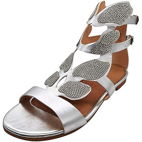 Women's Rhinestone Flat Sandals,Women's Open Toe Strappy Gladiator Roman Rhinestone Butterfly-Shape Covered Leaf Flame Wings Comfort Ankle Flat Sandal Shoes (41, Silver)