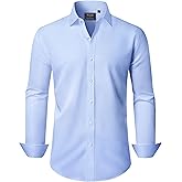 Lusead Dress Shirts for Men Long Sleeve Stretch Solid Wrinkle Free Business Casual Button Down Shirts Blue