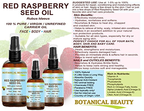 RASPBERRY SEED OIL 100% Pure / Natural / Virgin. Cold Pressed / Undiluted. For Face, Hair and Body. 1 Fl.oz.- 30 ml. by Botanical Beauty