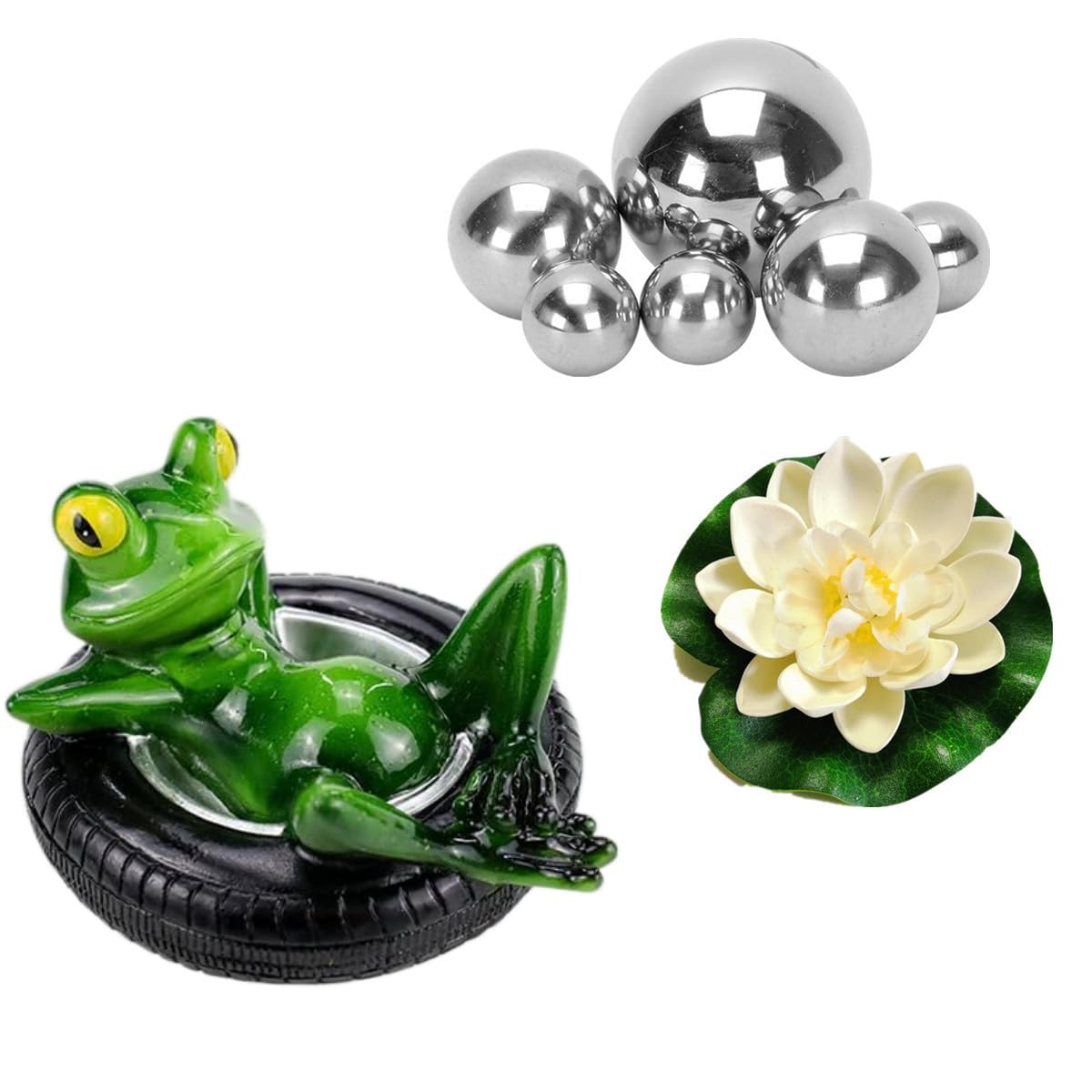 Super Idee Small Garden Pond Decorative Set The frog on the tire, with 6 floating balls and 2 STK floating lotus flowers, is used as the garden decoration of the mini pond (frog on the back)