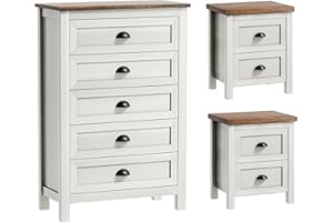 SINROM 3-Piece Dresser Bedroom Set, Farmhouse 5 Drawer Dresser & 2 Drawer Nightstands Set of 2, Chest of Drawers and Night Stand, 3 Pcs Bedroom Furniture Set