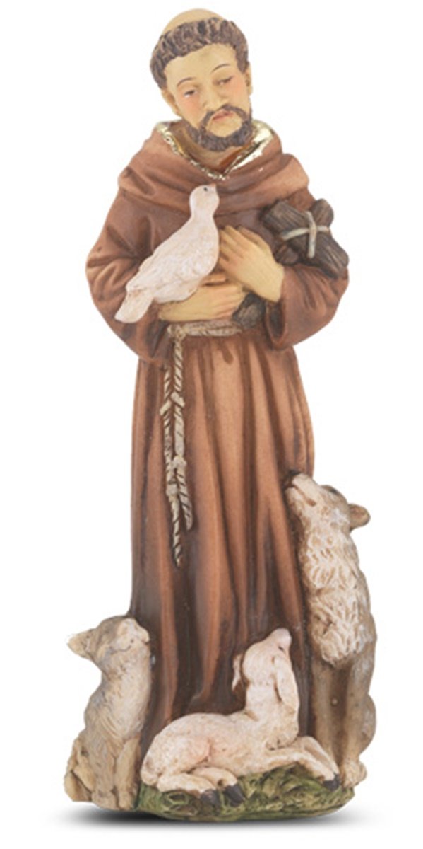 Hand Painted Resin Catholic Patron Saint Francis of Assisi Statue with Prayer Card, 4 Inch