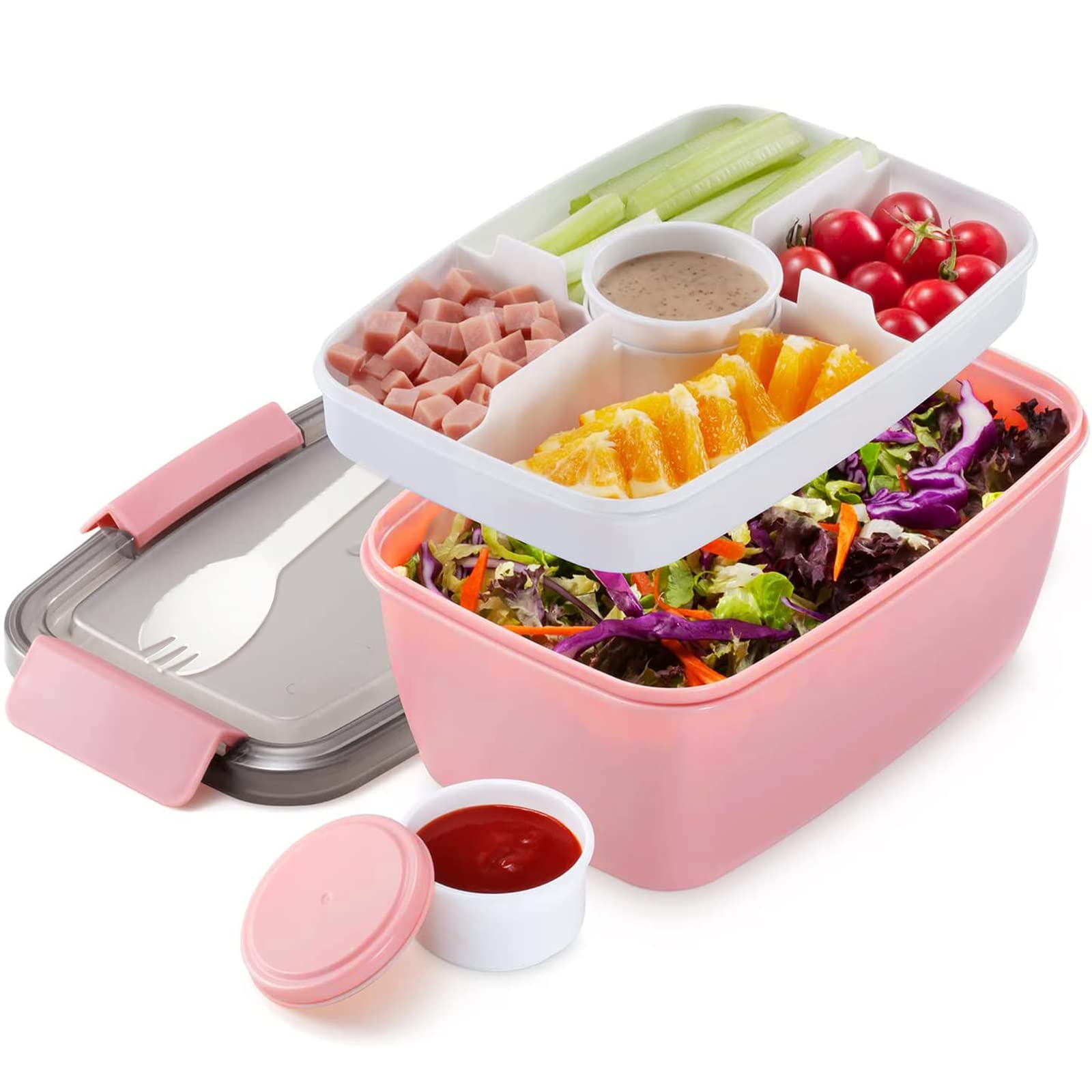 MUJUZE Lunch Box with Dividers Large,Salad Containers for Lunch Adults, 2000ML Salad Bowl,Sustainable,Leak-Proof, BPA-Free,Salad Box to Go,Fruit Containers for Work Picnic Travel(Pink)