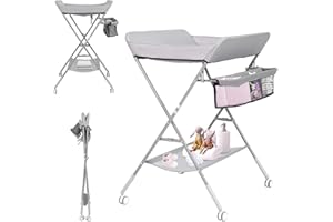 Portable Changing Table for Baby, GIGYES Foldable Baby Changing Station with Wheels & Adjustable Height, Large Storage Rack & Shelf, Ideal for Newborn and Infants