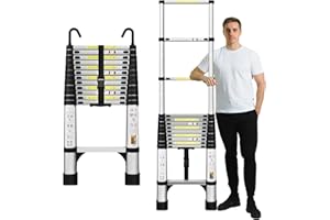 EVASTAR HOME EvaStar 12.5FT Telescoping Ladder, Aluminum Lightweight Extension Ladder w/Hooks & Stabilizers, 330lbs Capacity Collapsible Ladders, Extension Telescopic Ladder for Home, Outdoor, RV- Silver
