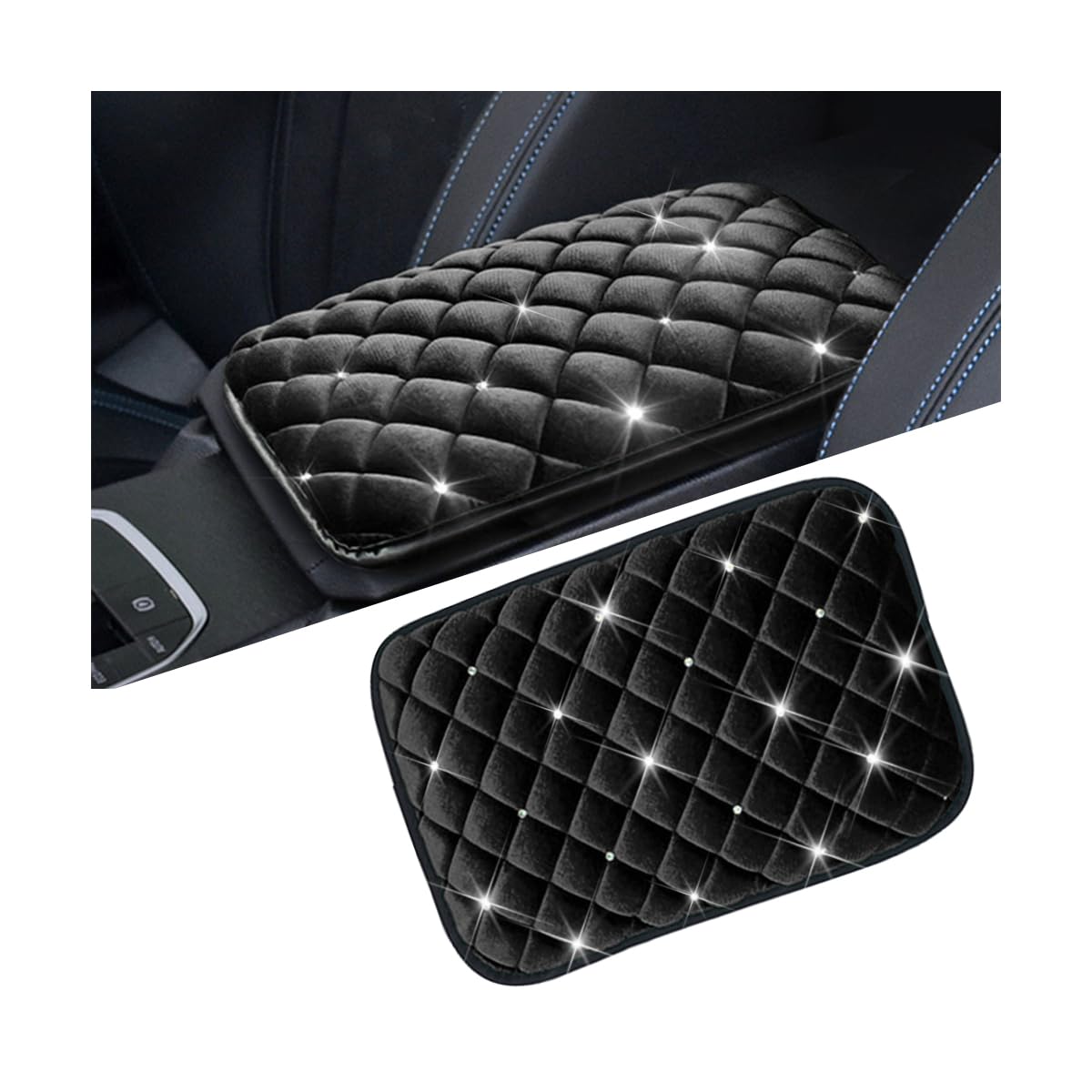 Photo 1 of Mandark Bling Car Center Console Cover, Crystal Rhinestone Fluffy Automotive Armrest Seat Box Cushion Pad, Soft Comfortable Diamond Arm Rest Protection Mat, Universal Vehicle Accessories (Black)