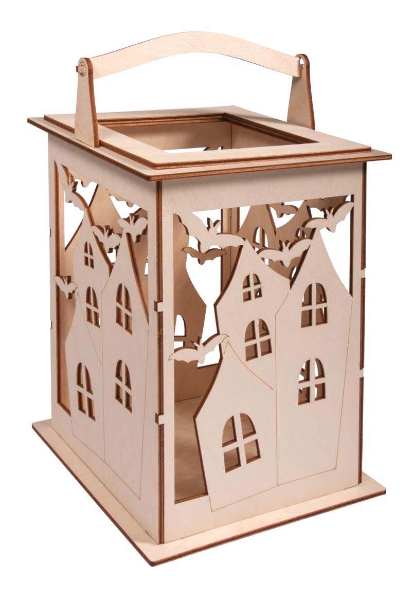 Rayher Wooden Lantern Building Kit with Bat Design, DIY Wood Craft Set with 15 slot-together Pieces, natural wood, 15.3x15.3x26.5cm, 62895505