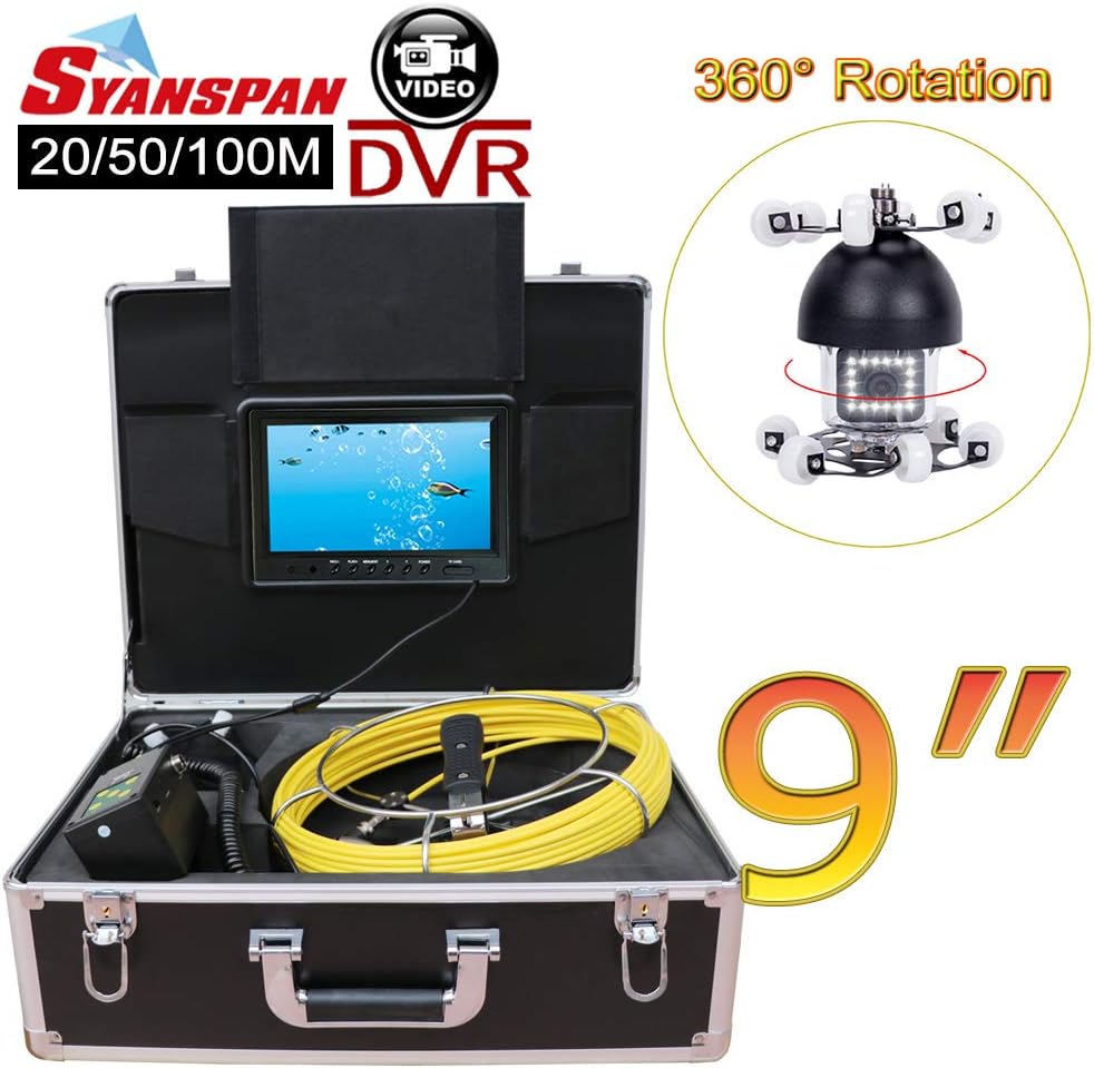 Pipe Inspection Camera,SYANSPAN 360 Degree Rotation Waterproof IP68 Drain Sewer Pipeline Industrial Endoscope with Sony 9"Color LCD Monitor 8GB TF DVR Snake Video Camera System(50M)