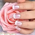 Elevenail Summer Nails Glossy Pearl Pink White French False Nails Short Squoval Press on Nails Fake Salon Manicure Faux Ongles Reusable Nail Art Tips Gift for Women and Girls