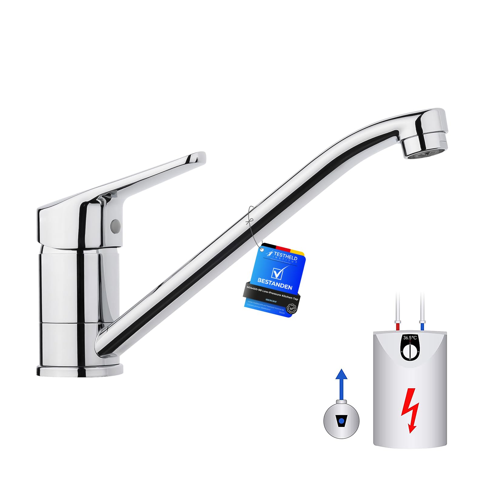 IBERGRIF M14450-98 Low Pressure Kitchen Sink Mixer Tap, Caravan Tap, Single Handle 360° Swivel, Brass Chrome