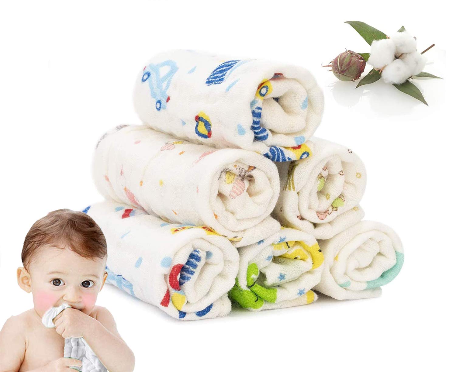 Znworld6 Pack Baby Muslin Washcloths, Natural 6-Layer Antibacterial 100% Cotton, Soft Face Towels for Baby Delicate Skin, Multipurpose Washcloth