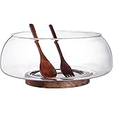 LiTY Large Glass Salad Bowl Set with Acacia Wood Base and Salad Serving Utensils, Salad Servers for Party, Fruits, Popcorn, Chips, Pasta, Kitchen Must-Have