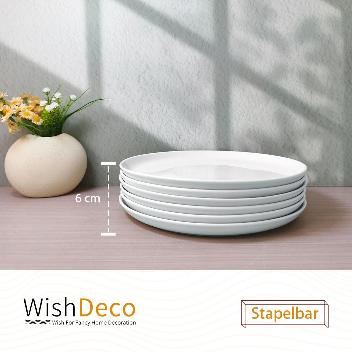 WishDeco Keramik Teller 6er Set, Flache Speiseteller 23cm, Geschirrset Weiß, Porzellan Essteller, Dinner Plate für Salat, Pasta, Pizza 8