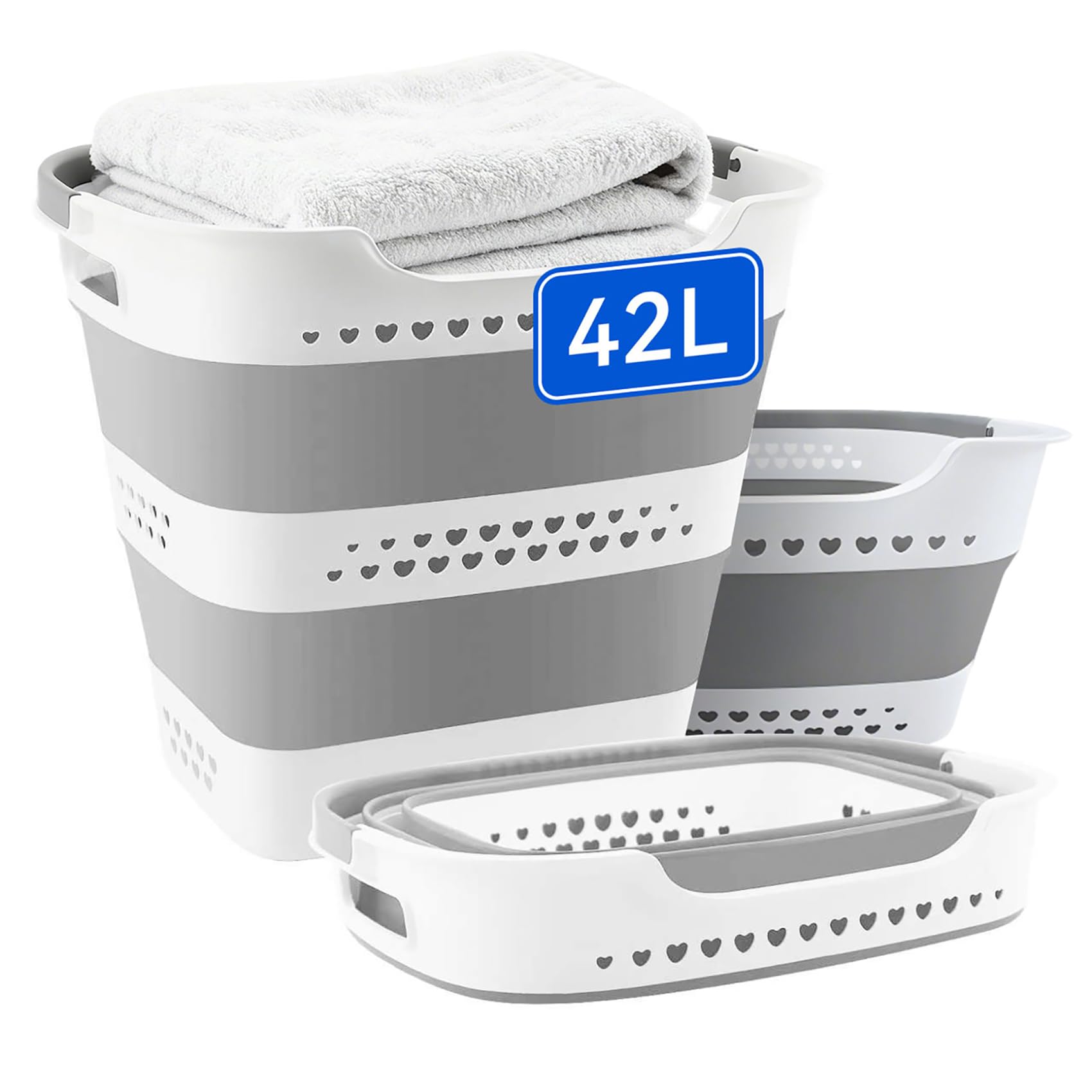 Photo 1 of 42L Collapsible Plastic Laundry Basket Hamper with Handles, Foldable Laundry Basket, Pop Up Storage Container Organizer for Washing Storage (Gery 1 Pack)