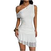 Floerns Women's Asymmetrical Neck Ruched Dress Ruffle Hem Elegant Bodycon Short Dresses