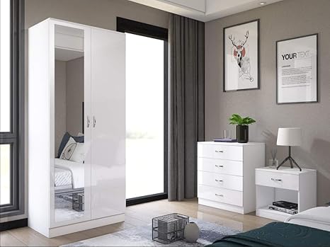 Harmin Mirrored High Gloss 3 Piece Bedroom Furniture Set Soft Close Wardrobe 4 Drawer Chest Bedside Cabinet White On White
