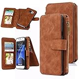 Galaxy S7 Case, S7 Case, CaseUp 12 Card Slot Series - [Zipper Cash Storage] Premium Flip PU Leather Wallet Case Cover With Detachable Magnetic Hard Case For Samsung Galaxy S7, Brown