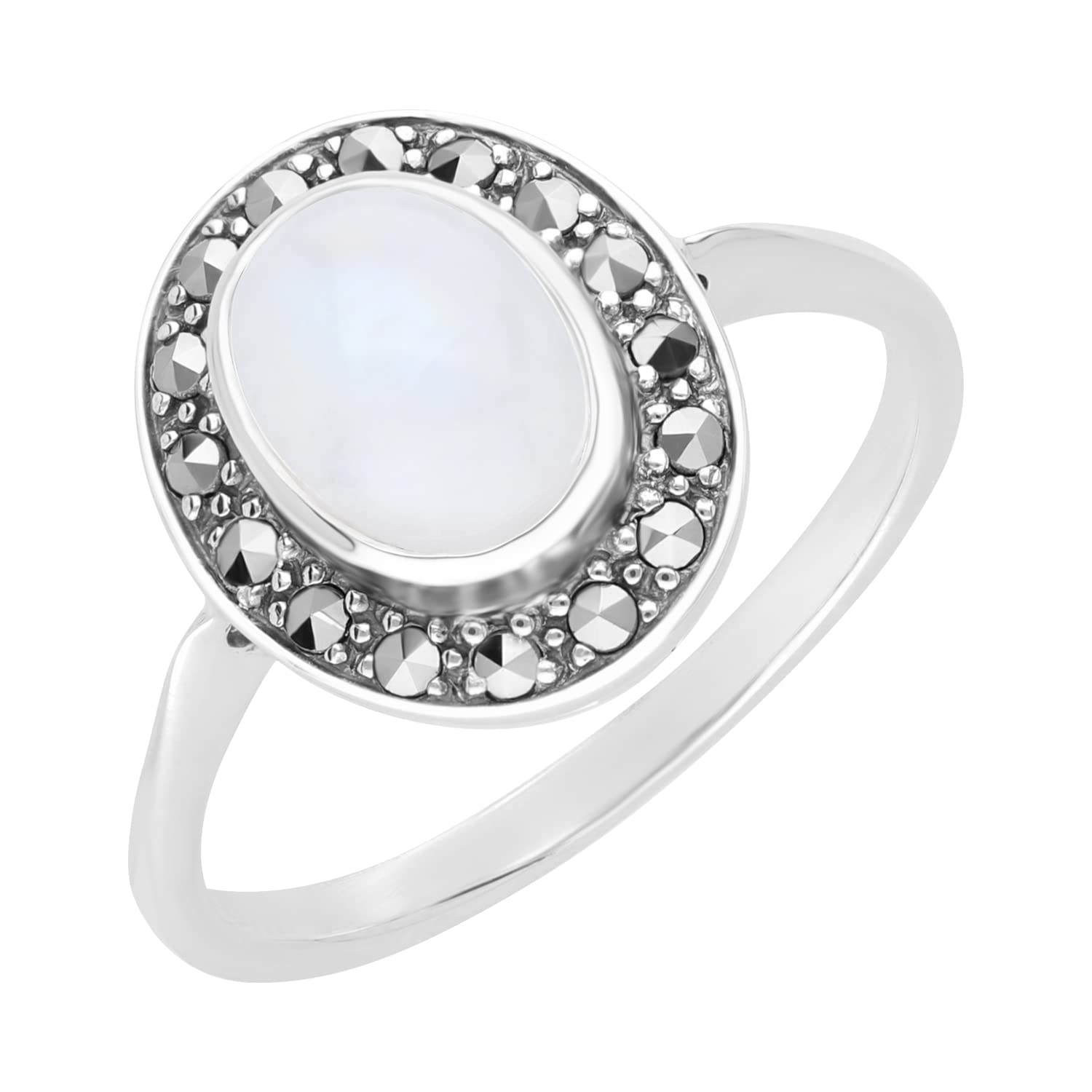 Esse Marcasite Sterling Silver Oval Moonstone and Marcasite Solitaire Ring (O)