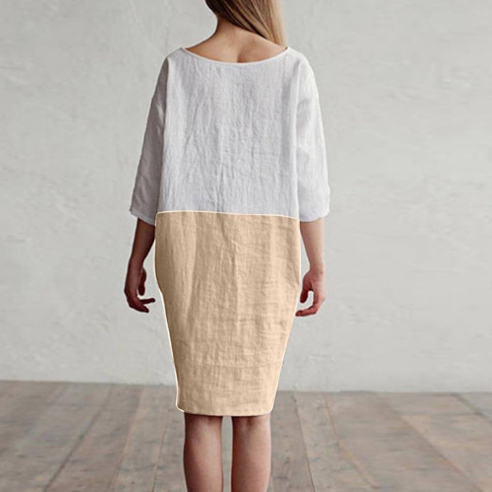 POTO Women Dresses, Loose Color Stitching Casual Dresses with Pockets Cotton Linen Tunic Dress Party Dress Beach Dress