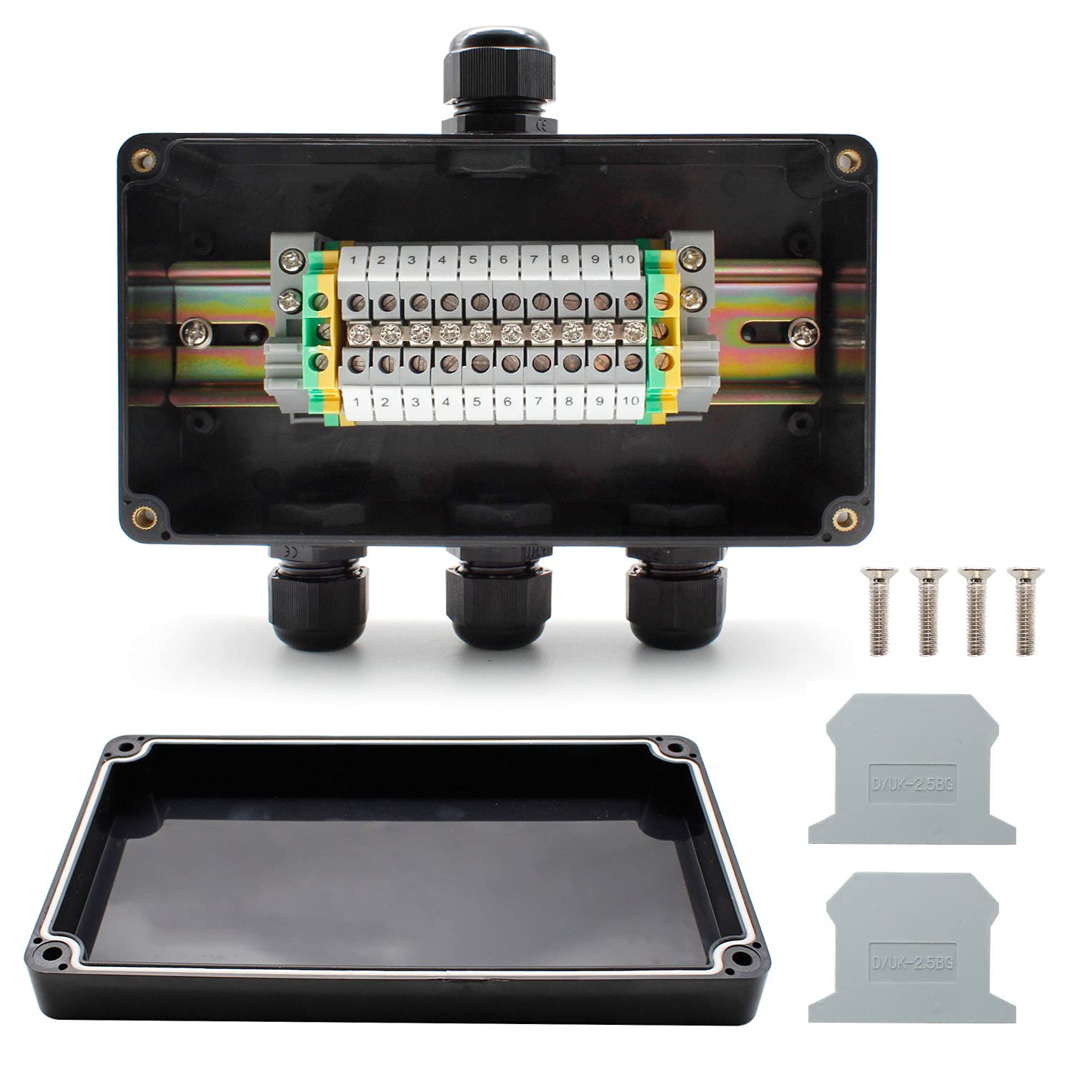 SRJQXH IP66 Waterproof Junction Box, 1 in 3 Out with UK/ MBKK2.5 Terminals, DIN Rail Terminal Block Kit, Crimp Connector and Ground Block end (Black)
