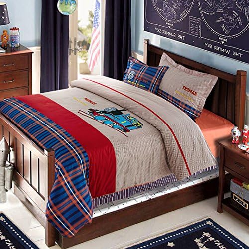 100% Cotton Applique Embroidery Kids Bedding Set Thomas Duvet cover and Pillow case and Flat sheet,Boys,3 Pieces,Twin