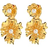 JDONL Gold Pearl Flower Stud Earrings for Women Boho Vintage Big Floral Statement Earrings Party Prom Jewelry