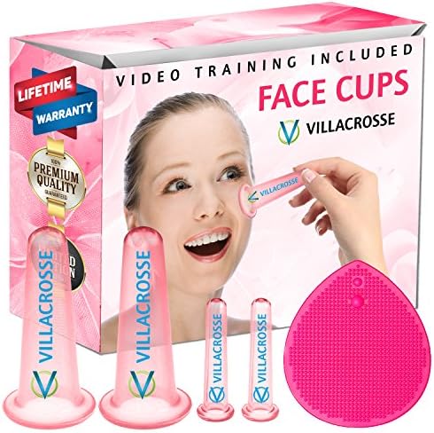 Silicone Facial Cupping Therapy Sets - Massage Facial Cups for Cupping w/Silicone Facial Cleansing Pad Face Brush &amp; Video Tutorials - Face Cupping Kit for Eye &amp; Face, Flamingo Pink