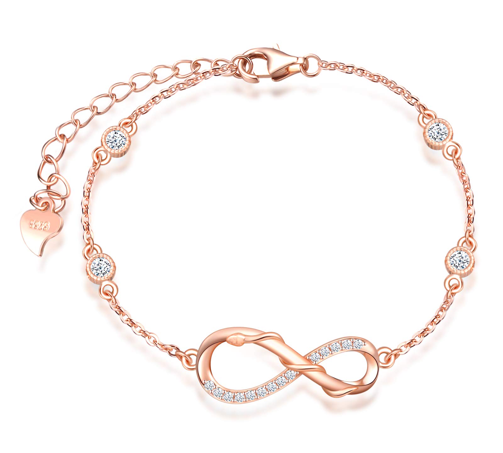 INFINIONLY Women's 925 sterling silver bracelet snake infinity symbol Inlaid zircon, Rose gold