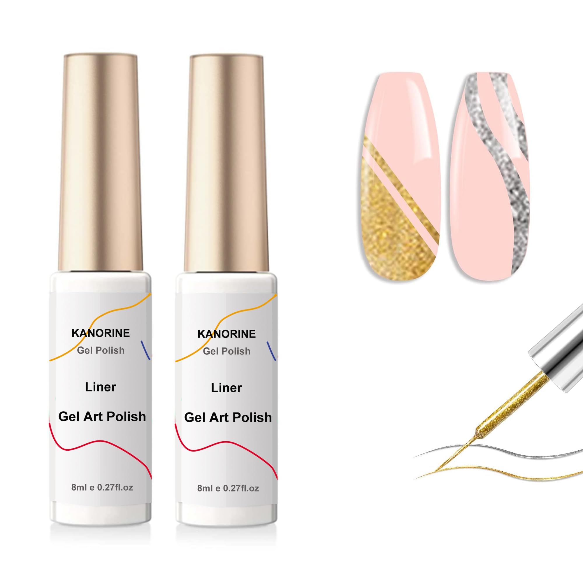 KANORINE Liner Nail Gel Polish Gold & Silver Glitter Gel Nail Polish for Fineliner Nail Art, French Manicure Nail Polish, UV Color Gel with thinner Brush for Professionals and Beginner