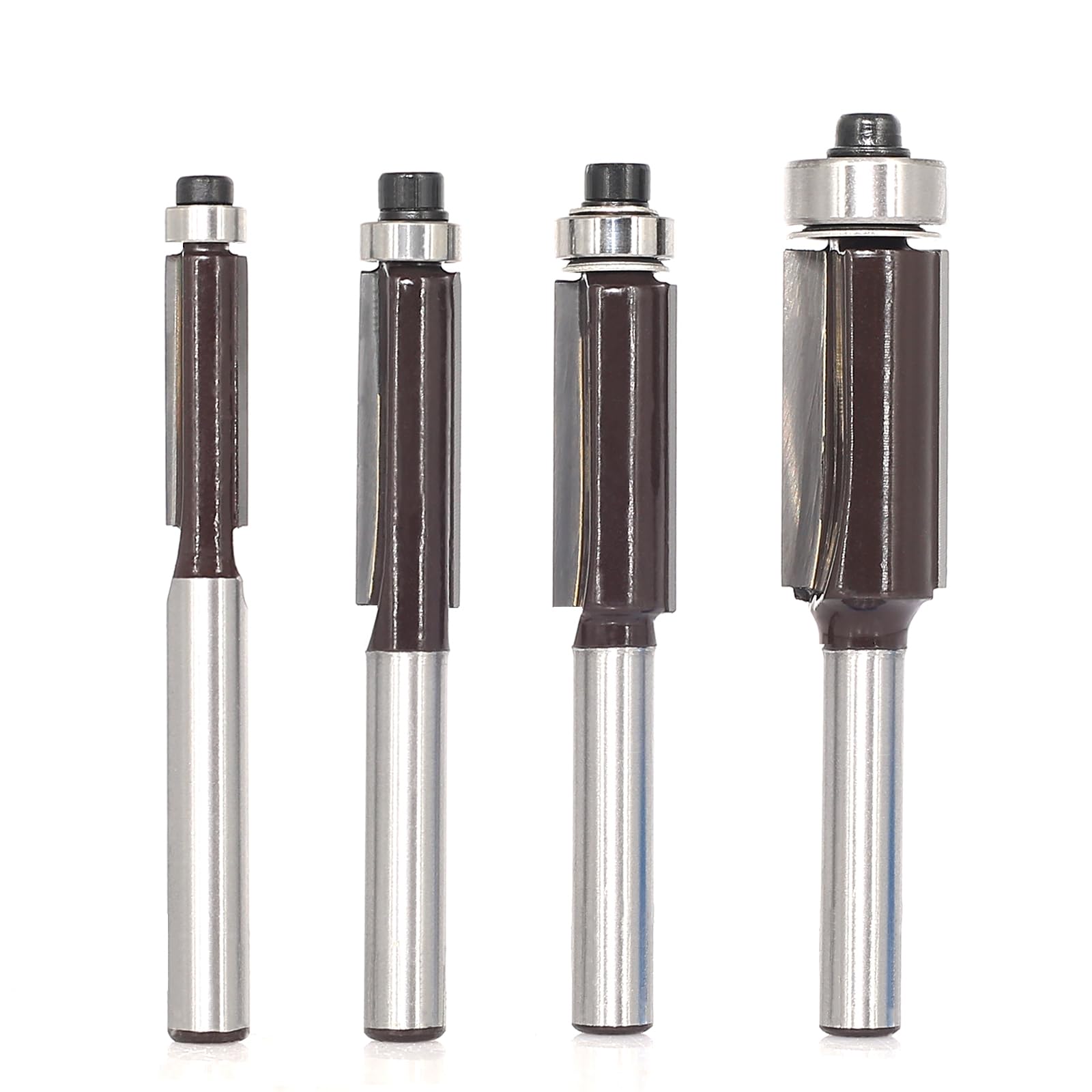 Akylin 4Pcs Flush Trim Router Bits 1/4 Shank - Top Bearing Template Router Bit, Carbide Tipped Flush Cut Router Bit, for Woodworking Edge Trimming - Cut Dia 1/4”, 5/16”, 3/8”, 1/2” — image 1